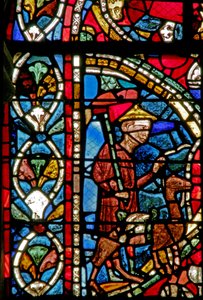 Window depicting a scene from the Prodigal Son story: departs by French School