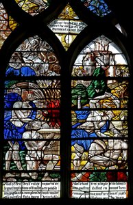 Window w122 depicting Cain and Abel make their offerings; Cain kills Abel