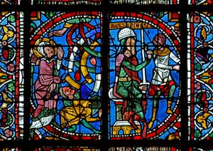 Window w125 depicting a scene from the life of St Catherine: Maxence orders her to be broken on the wheel by French School