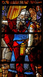 Window depicting Moses Organizes the Collecting of the Manna (some figures are copies of Michelangelo figures)