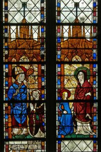Window w17 depicting St Nicholas and the donor Oudin de Troyes; St Anne and the Virgin Mary