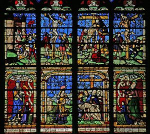 Window 19 depicting the Crucifixion, Deposition and Pieta by French School