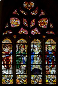 Window depicting St Hilarire, an unidentified saint, St Exupery, St Sernin