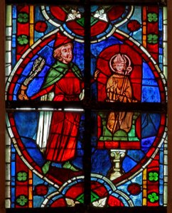 Window depicting the statue of St Nicholas: A Jew having lost money beats the statue