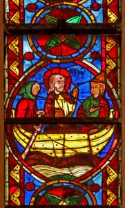 Window w213 depicting a scene from the life of St Thomas: Thomas goes to India with Abanes