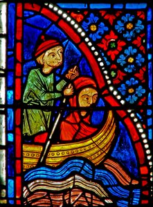 Window w21 depicting St Mary the Egyptian passes the river and begins penitence by French School