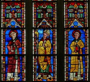 Window w21 depicting St Sylvester with the donor Jean de Bernieres; St Protais by French School