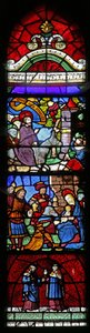 Window depicting the Entry to Jerusalem; Adoration of Magi; Ss Cosmos and Damian by French School