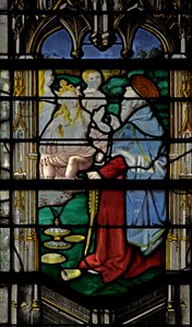 Window depicting St Anthony: tempted by three women