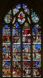 Window w23 depicting St Crepin and St Crepinian: scenes from their lives