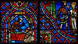 Window w23 depicting St Julian Hospitalier kills a couple in his bed thinking his wife is committing adultery