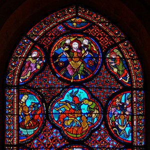 Window w23 depicting the Parable of Dives and Lazarus: the top section
