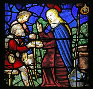 Window depicting St Genevieve gives a leper drink by French School