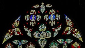 Window depicting musician angels with trumpets at Last Judgement by French School
