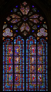 Window w30 depicting reset panels of the Creation, featuring Adam and Eve and Cain and Abel by French School