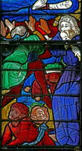 Window w4 depicting the Funeral of the Virgin Mary and the overturning of the coffin (the Boy from Bourges)