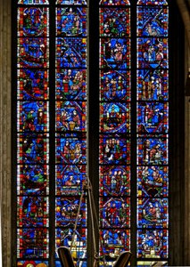 Window depicting One of Les Belles Verrieres with scenes from the lives of St Nicholas, St Catherine and St Sever by French School
