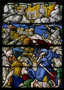 Window w5 depicting a scene from the Book of Revelation: horses with heads like lions, smoke and sulphur from their mouths