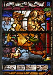 Window depicting the Duke of Marseilles returns from Jerusalem and finds his wife on the rock with a son