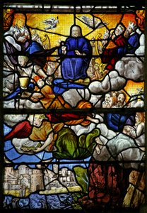 Window w7 depicting a scene from the Book of Revelation: the Throne in Heaven: the four Sacred Beasts