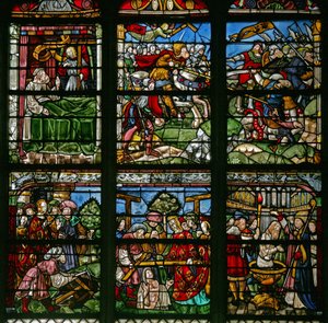 Window depicting St Helen and the finding of the Cross with the Emperor Constantine; above is the battle scene where the Cross appeared and Constantine triumphs by French School