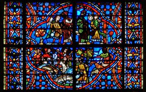 Window depicting scenes from the story of Joseph: Jacob sends Joseph to be with his brothers. They then plot against him as they all work in the fields.