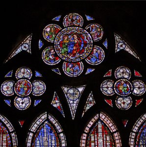 Window depicting the tracery lights with two angels and the doubting St Thomas by French School