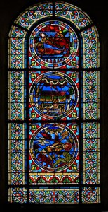 Window wXVII depicting three assembled panels: two in connection with Stephen, the other from a Nativity by French School