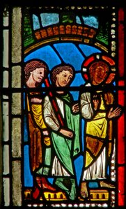 Window wXV depicting a Resurrection scene: the road to Emmaus