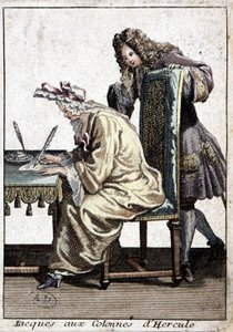 Woman in a shirt and nightcap writing a letter with man, circa 1715