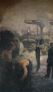 Workers unloading coal from a barge, early twentieth century