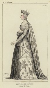 14th Century, Blanche of Navarre, Queen of France (coloured engraving) by French School