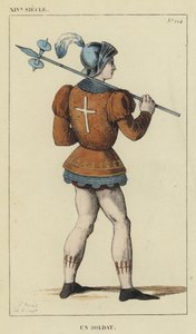 14th Century, A Soldier (colored engraving) by French School