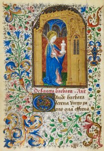 Miniature of St. Barbara beneath a golden arch, carrying a palm and her tower, with a full foliate border, at the beginning of her suffrage, from 