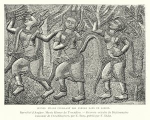 Young girls picking flowers in a garden, bas-relief from Angkor, Cambodia by French School