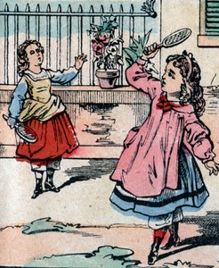 Young girls playing battledore and shuttlecock, early game similar to badminton (engraving) by French School
