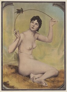 Young nude woman with birds by French School