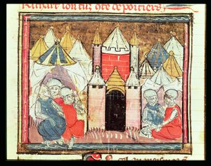 The Siege of Chateau-Gaillard in 1204 when Philip Augustus of France defeated King John of England, from the Grandes Chroniques de France, 1375-79