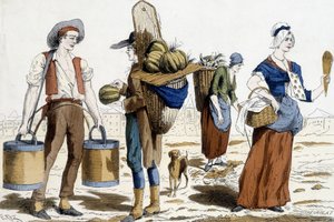 Illustration of Paris costumes in the 18th century: water carrier, merchant of melons, chiffonnier, merchant of pleasures by French School
