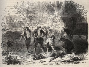 The Lyon mail post affair - the mail coach is attacked in Seine-et-Marne by 5 individuals on 28 April 1796. Engraving in 