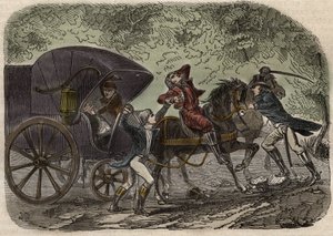 The Lyon mail post affair - Affaire du courrier de Lyon - la malle-poste is attacked in Seine et Marne by 5 individuals on 28 April 1796 - Engraving in 