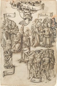 Hope, Reaching for Heaven, Stands among Sad and Happy Men, Joys, and Fear by French early 16th Century