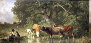 Cattle Watering at a Woodland Pond