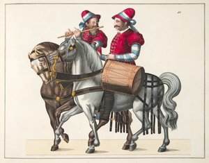 Two musicians at a tournament, plate from A History of the Development and Customs of Chivalry, by Dr. Franz Kottenkamp, published by Carl Hoffmann