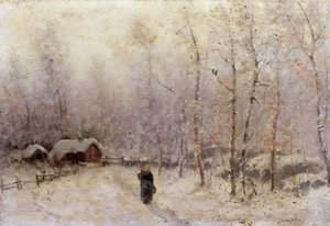 Woman with Child in Winter Landscape by Frithjof Smith Hald