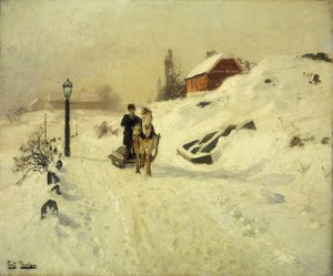 A Horse-Drawn Sleigh in a Winter Landscape by Frits Thaulow
