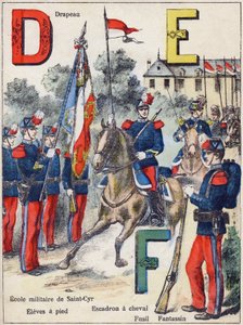 Letters D E F: Flag, Military School of Saint-Cyr (Saint Cyr), Eleves on foot, Horse Squadron, Rifle and Fantassin, c.1900 (lithograph) by G. Dascher