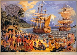Jean Francois Galaup de Laperouse Welcomed by the Inhabitants of Mawee Island in the Sandwich Islands in the Pacific Ocean by G. Delcausse