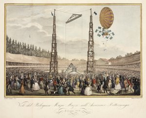 Flight of the Bolognese Muzio Muzzi (1809-46) in the Airship Retirremiga, 1838 by G. after Meloni