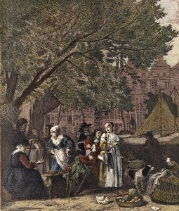 The Amsterdam Herb Market. Engraving 19th century after the painting of Gabriel Metsu (1629-1667).